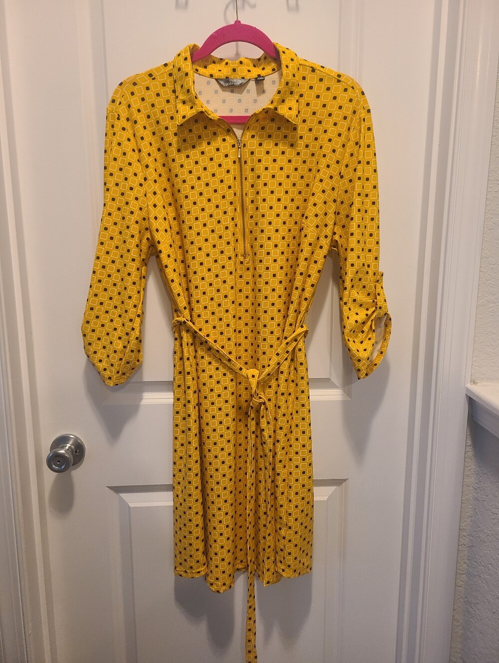Mille Gabrielle Yellow Patterned Zip-Front Shirt Dress with Tie Waist Size XL